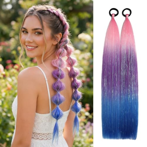 CenXRui Colored Hair Extensions with Tinsel 26 Sparkly Braid Ponytail Extensions with Elastic Tie for Softball & Spirit Week Rainbow Hair Extensions for Crazy Hair Day 2 Pack (Pink/Purple/Blue)