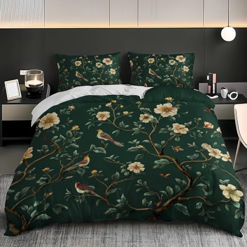 Parure de Lit Motifs Floraux Et d'oiseaux Chinois Housse de Couette 240x220 cm et 2 Taie d'oreiller, Vert Foncé Douce et Hypoallergique Parure de Couette 2...