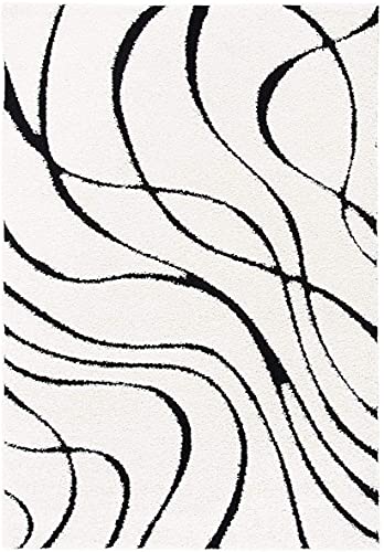 Image of Geometric Wave Shaggy Rectangular Carpet For Living Room,Bedroom,High Low Design Finish Microfiber 1.8 Inch Pile High,3X5 Feet Ivory|Black Color
