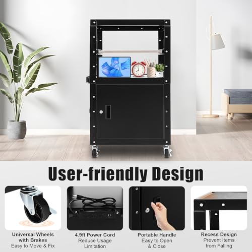 KAHYKLQI Adjustable Steel AV Cart with Locking Cabinet,Rolling Computer Cart,Mobile Presentation Storage Stand with Pullout Tray,Power Strip and Wheels for Office Classroom Conference Room - Thumbnail 5