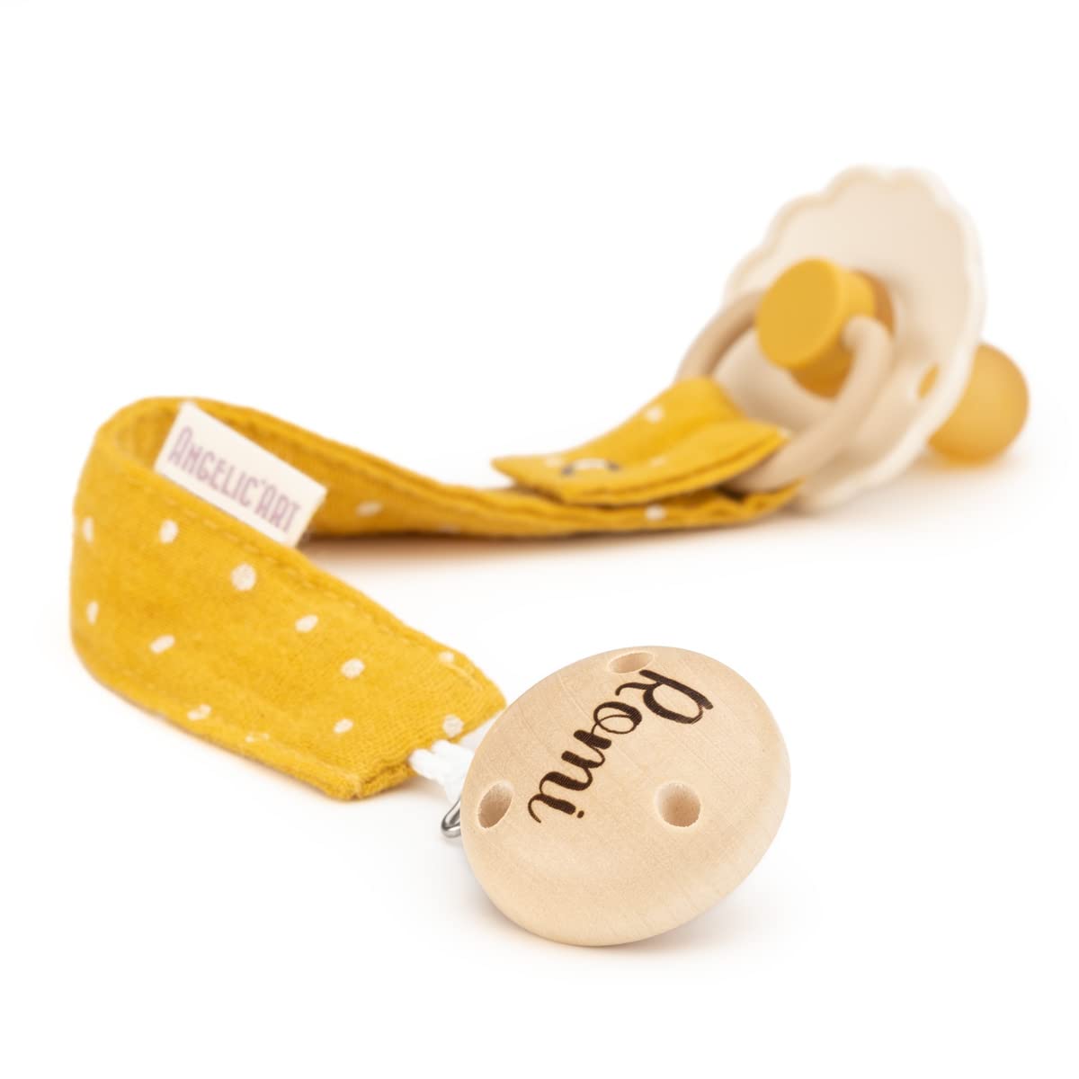 AngelicArt Schnullerband mit Gravur Namen für Jungs und Mädchen - große Farbauswahl - Musselin gepunktet (Senfgelb)