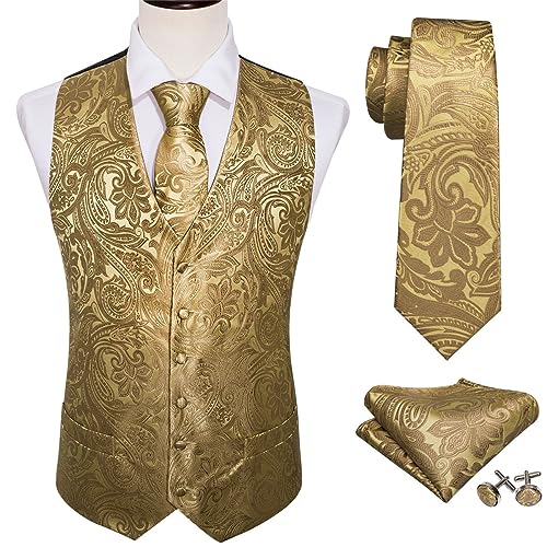 Set Of 4 Men's Silk Vest Party Wedding Gold Paisley Solid Floral Vest Vest Pocket Square Tie Suit Set2