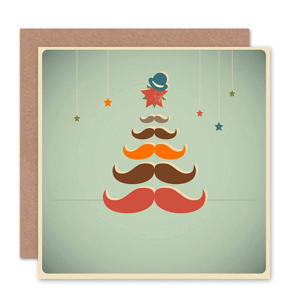 Wee Blue Coo CHRISTMAS MOUSTACHE TREE BLANK GREETINGS CARD ART