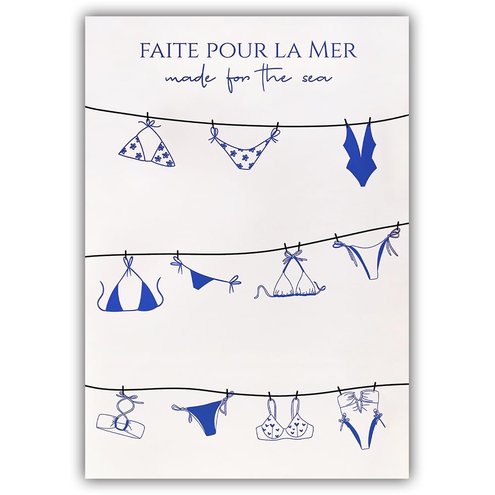 LYXNROH Vintage Coastal Summer Posters Funky Blue Bikini Wall Art Minimalist Coastal Decor Fashion Bikinis Bow Canvas Prints Pictures for Apartment Home Room Decorations Aesthetic 12x16in Unframed