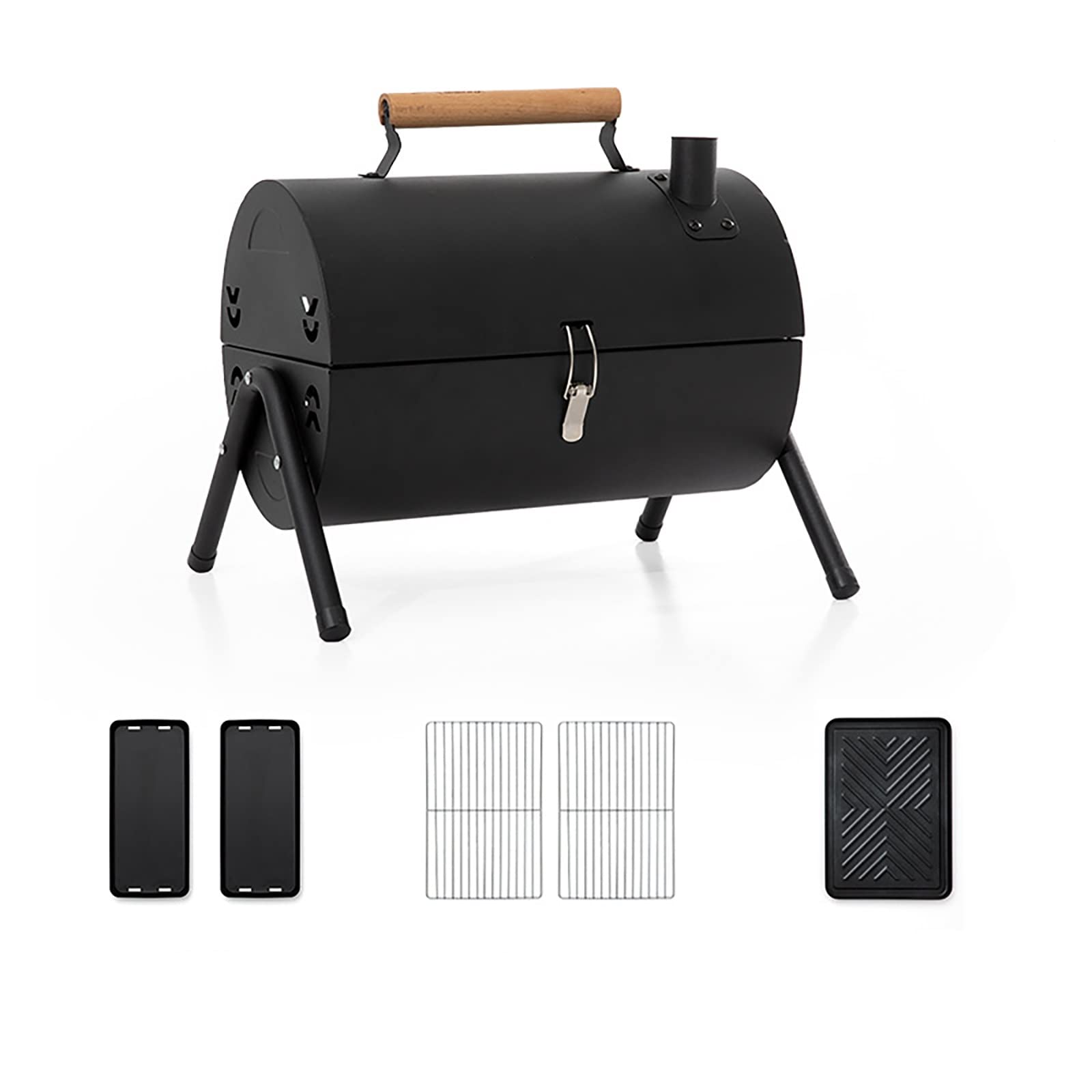 Barbecue à charbon portable noir avec couvercle et cheminée de table