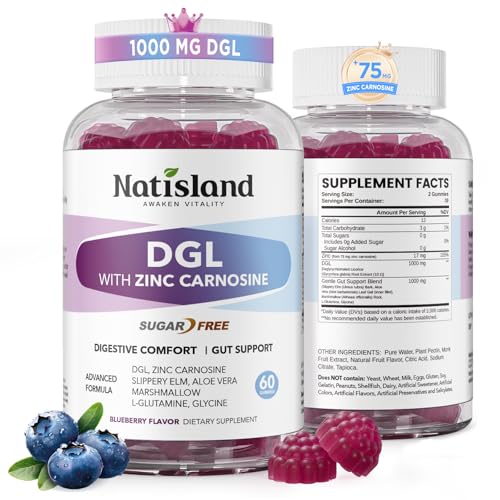 NATISLAND DGL & Zinc Carnosine Gummies Daily Digestive Comfort Support Deglycyrrhizinated Licorice Extract & Gentle Gut Blend DGL Supplement Sugar-Free Non-GMO 60 Count