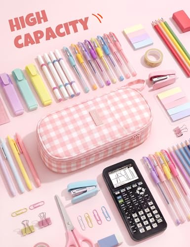 Image of SUNEE Cute Pencil Case, Large Colored Pencil Pouch, Aesthetic Pen Bag with Zipper, Kawaii Stationery Storage and Organizer, School Supplies for Teen and Adult, Boys & Girls, Pink Checkered