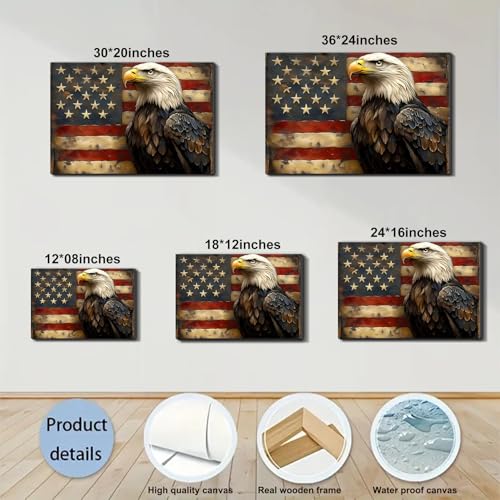 Image of Framed Bald Eagle American Flag Wall Art, Patriotic USA Canvas Art Pictures, Vintage Eagle Wall Decor for Office Living Room Man Cave, Ready to Hang Made in USA