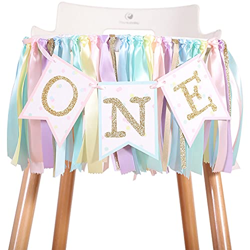 Gold One Birthday Banner For Baby Kids - Rainbow Highchair Banner,Unicorn Themed Birthday Party Supplies For Photo Booth Props A