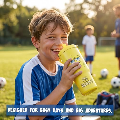 Image of Get Trend SpongeBob SquarePants 30oz Tumbler with Handle and Straw, Kids Stainless Steel Insulated Water Bottle, BPA-Free, Leak-Proof, Cold for 12h, Hot 5h, Gifts for Boys Girls (Yellow SpongeBob)