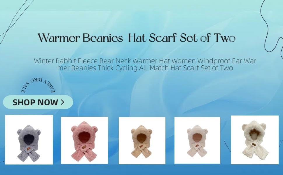 Winter Fleece Bear Neck Warmer Hat Women Windproof Ear Warmer Beanies Thick Cycling Hats Scarf Set of Two4
