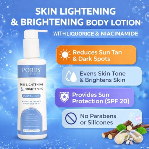 Image of PORES Be Pure Skin Lightening & Brightening Body Lotion with Liquorice Extract, Niacinamide & SPF 20 | Tan Removal, Even Skin Tone & Sun Protection | No Parabens & Silicones - 250ml