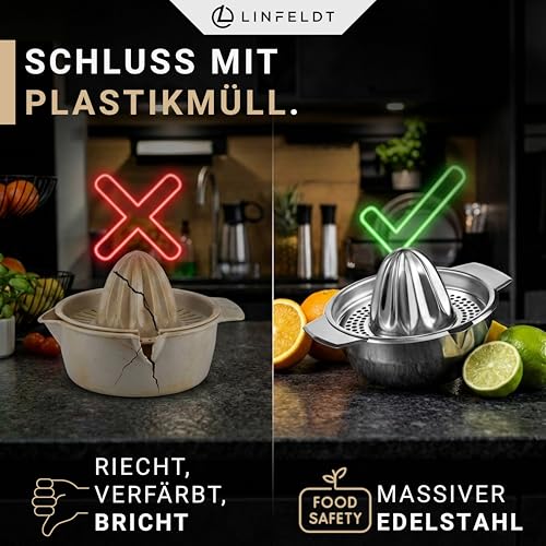 LINFELDT 450ML Zitronenpresse Edelstahl - Orangen & Limetten - Rostfrei & Spülmaschinenfest - fängt Kerne & Fruchtfleisch auf - 16,7B x 13,5H cm 2