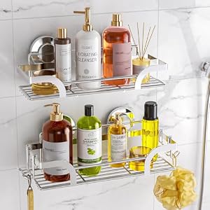 LEVERLOC 2 Pack Shower Caddy Suction Cup, Shower Shelves for Inside, Silver