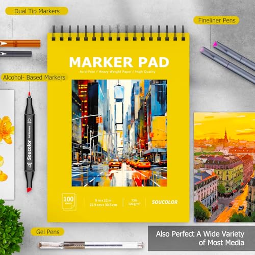 Image of Soucolor Marker Paper Sketchbook,Bleedproof Maker Paper 9 inchx12 inch | Professional Bleedproof Marker Pad for Alcohol Markers 100 Sheets 73lb /120gsm Thick No-Penetration Drawing Paper