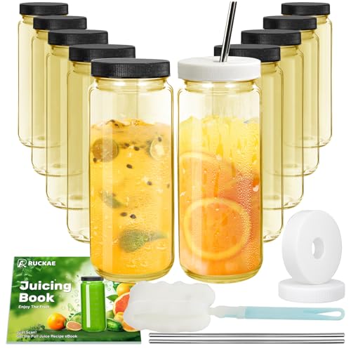 Image of Ruckae Gold 16oz 10 Pack Juice Bottles, Glass Bottles Juicing with Lids, Smoothie Cup Lids and Straws, Water Bottle Mason Jar Drinking Glasses for Juicing, Smoothies, Kombucha