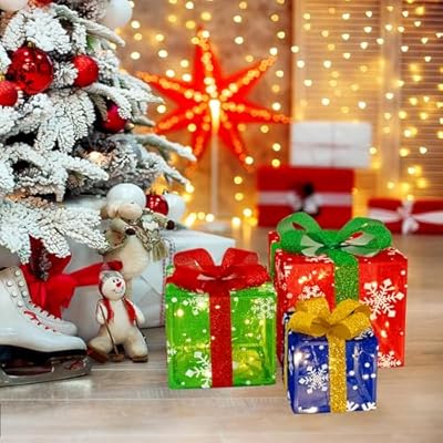 Taiying Set of 3 Christmas Lighted Gift Boxes, Pre-lit 60 LED Light Up Christmas Tree Box Decorations, Presents Boxes with Ribbon Bows Christmas Tree Decorations for Indoor Outdoor Christmas Pathway