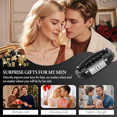 Christian Gifts for Men – Christian Bracelet with Bible Verse & Cross – Adjustable Stainless Steel Mens Bracelets with Volcanic Stones, Leather Band & Velvet Gift Box for Religious Gifts3