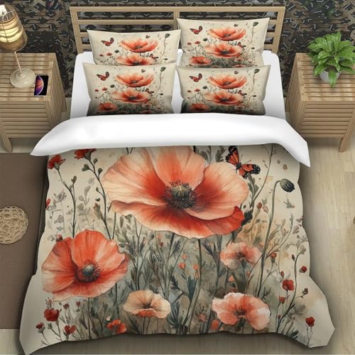 Housse de couette fleurs de pavot 140x200 parure lit microfibre single