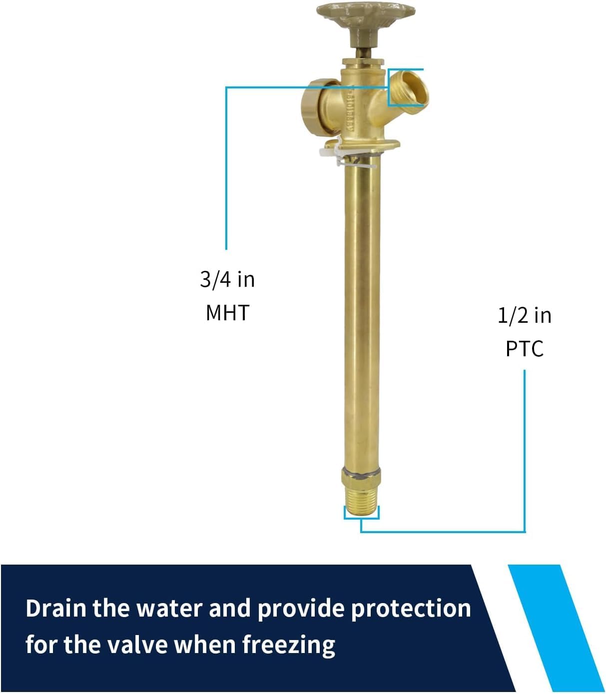 12 Inch Anti-Siphon Frost Free Sillcock Valve Multiturn 1/2 Inch NPT, 3/4 Inch Hose Bibb, Brass Body,Brass Valve 12 inch Length