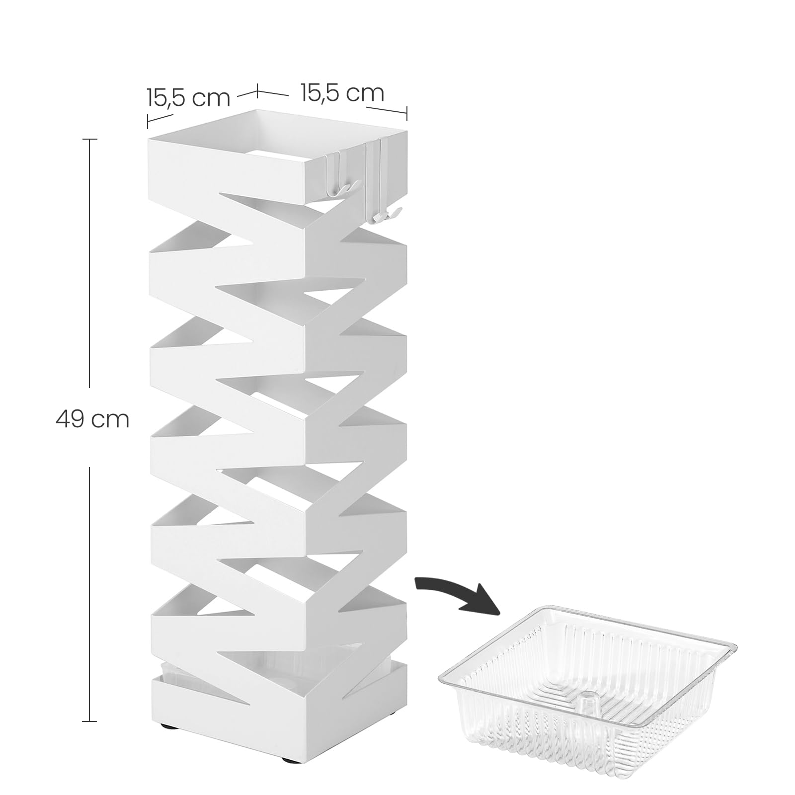SONGMICS Soporte de Paraguas Cuadrado con Bandeja de Goteo Extraíble 4 Ganchos 15,5 x 15,5 x 49 cm Blanco LUC16W