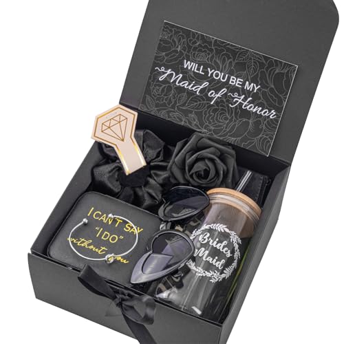 9 Pcs Maid of Honor Gifts - Will You Be My Maid of Honor Kit with Elegant Box Jewelry Box Glass Cup Invited Cards Knotted Bracelets Sunglasses Scrunchies Raffia Grass