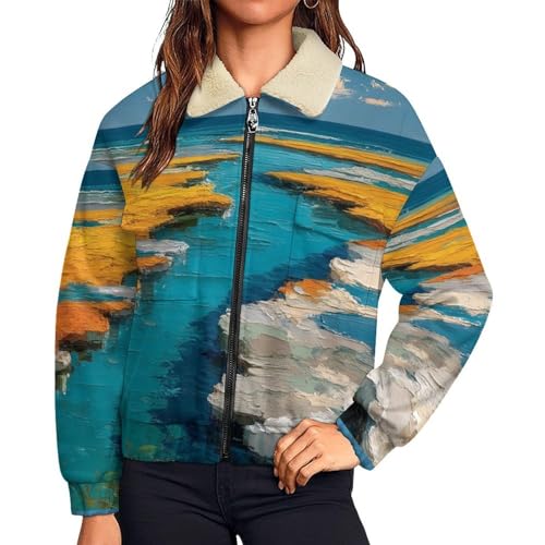 Manteau polaire femme sherpa : veste peinture à l'huile chic