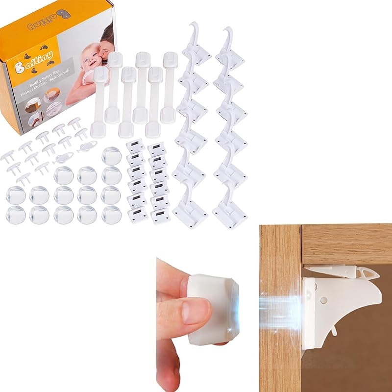 Kit a prueba de bebés (paquete de 58) + cerraduras magnéticas ocultas para gabinete (paquete de 12)