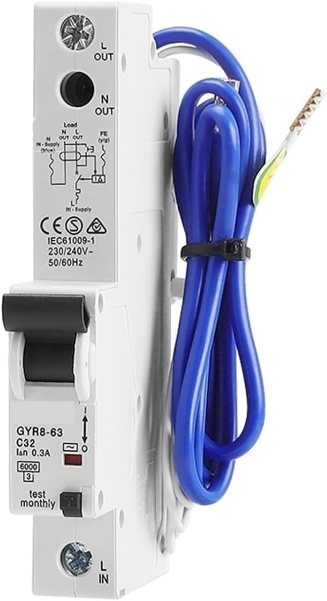 ALKOY Circuit Breaker GYR8 Electronic Type RCBO 18mm 230V 1P+N 6KA Residual Current Circuit Breaker with Over Current Potection 32A 10mA 30mA 1Pcs (Color : 16A, Size : 10mA)