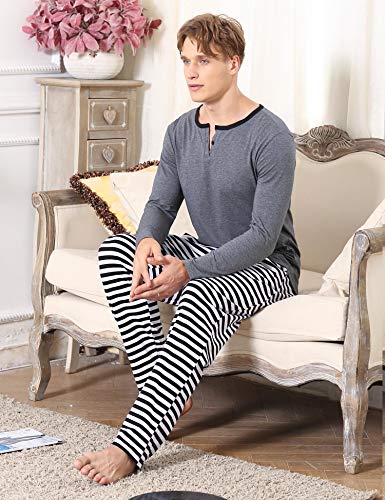 Aibrou Men's Pajama Set Cotton Long Sleeve Top & Bottom Striped Sleepwear Loungewear Gray - Thumbnail 2