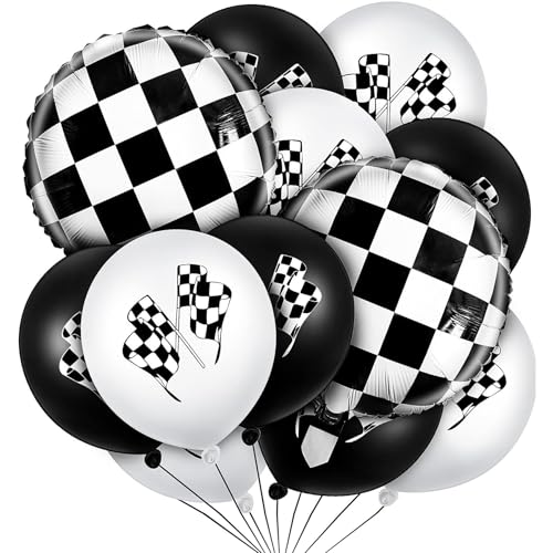 Image of 12 Pcs Race Car Themed Balloons Sets Checkered Flag Latex Balloons for Kids Boy Girl Racing Car Fast One Birthday Party Decorations