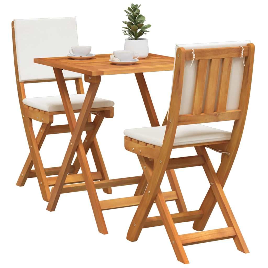 Juego de muebles de bistró con cojines de 3 piezas de madera maciza de acacia barnizada, plegable, para balcón, terraza, jardín, con set de exterior resistente a la intemperie y cómodos
