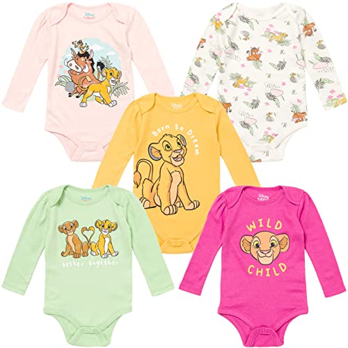 Image of Disney Classics Princess Lion King 101 Dalmations Pumbaa Princess Ariel Timon Baby Girls 5 Pack Bodysuits Newborn to Infant