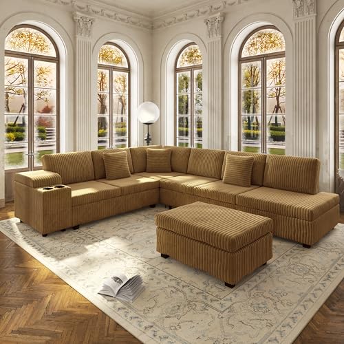 Image of KEIKI 110 inch L-Shaped Oversized Plush Corduroy Modular Sectional Sofa with Pull-Out Bed, Convertible 6-Seater Sleeper Couch Bed with 1 Ottomans & USB & Cup Holders, Easy Assembly, for Living Room, Camel
