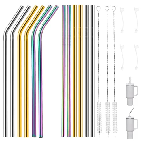 GOTRUST 12 cannucce in acciaio inox lunghe 30 cm, cannuccia in metallo colorata per Stanley Adventure Quencher 30 oz/40 oz Cup, riutilizzabili cannucce in acciaio inox arcobaleno con 2 spazzole per la