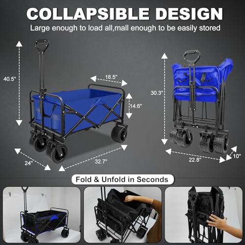 SZHLUX Collapsible Foldable Wagon,Beach Wagon with Big Wheels for Sand,Utility Grocery Wagon with Side Pocket and Brakes for Camping Sports Outdoor Activities