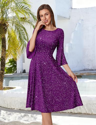 Image of HomRain Women's Church Dresses Modest Bell Sleeve Wedding Guest Cocktail Tea Party Vintage Evening Dress