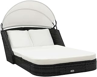 Patio Rattan Daybed, Outdoor Sunbed with Spacious Seat, Upholstered Cushions & Retractable Canopy, PE Wicker Patio Sofa Se...
