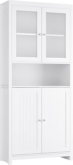 FOREHILL Tall Kitchen Cupboard Sideboard Storage Cabinet Display Cabinet with 2 Glass Doors Freestanding Bookcase White Wooden 84x32x190cm