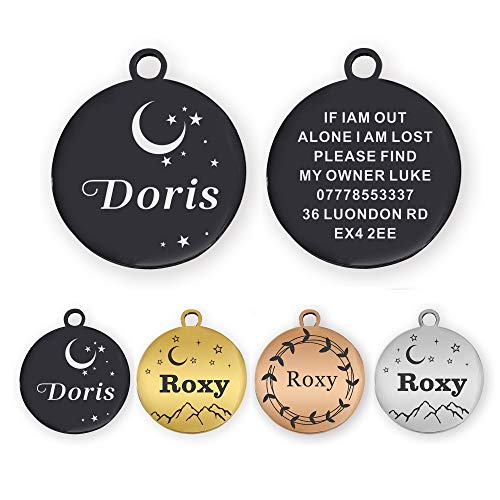Stainless Steel Pet ID Tags Personalized Dog Tags Round Dog ID Tags Small Cat Tags Large Dog Collar Tags Custom Text Engraved on Both Sides(L Black)