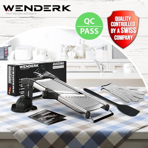 WENDERK Adjustable Stainless Steel Mandoline Food Slicer with Cut Resistant Gloves [Upgraded] - Professional Handheld Kitchen Mandolin Julienne Cutter to Slice Vegetables Fruits Chips French Fry