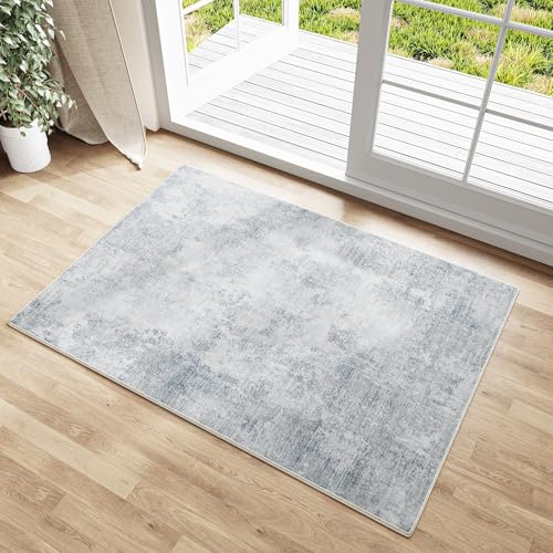 PureCozy Blue 2x3 Area Rug Washable Abstract Entryway Carpet Modern Neutral Non Slip Door Mat Soft Low Pile Contemporary Aesthetic Small Bedroom Throw Rug for Kitchen Laundry Dining Room