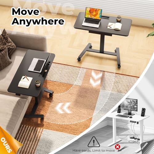 Image of Mobile Standing Desk with Drawer, 40 inch Small Standing Desk with Cup Holder, Rolling Laptop Workstaion on Wheels, Height Adjustable Table with Storage for Home Office, Black
