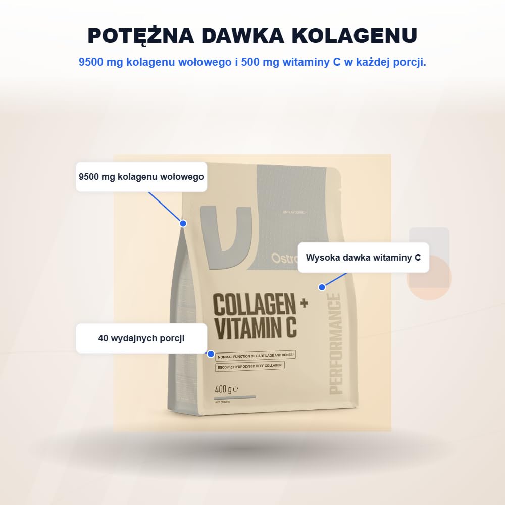 OstroVit Collagen + Vitamin C 400 g | Kolagen Hydrolizowany z Witaminą C | Wsparcie Stawów, Kości i Skóry | Suplement Diety w Proszku (naturalny)
