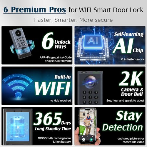 Dhiedas Fechadura de porta WiFi inteligente com câmera, fechadura de porta de entrada sem chave com