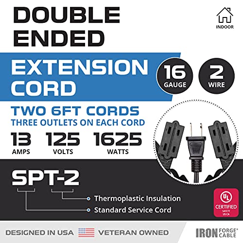 Twin Extension Cord Power Strip - 12 Foot Cord - 6 Feet Each Side, Black - 16/2 Spt-2 Split Double Ended Electrical Cable 6 Power Outlets #TOP1