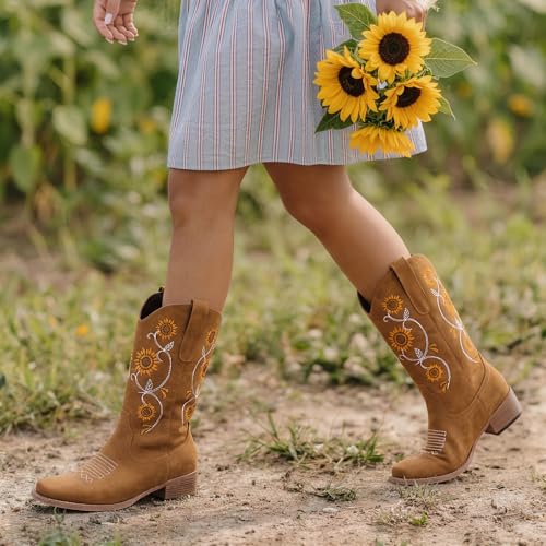 Image of Cowboy Boots for Women - Mid Calf Western Sunflower Cowgirl Boots with Floral Embroidery, Square Toe Stitched Pull On Retro Design, Perfect for Country Idyll, Concerts and More