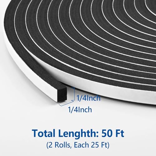 Image of Kikerike Self Adhesive Foam Tape Weatherstrip 1 /4In x 1 /4In x 50Ft High Density Foam Insulation Strips Seal Weather Stripping with Strong Adhesive for Door and Window Sound Isolation Soundproofing