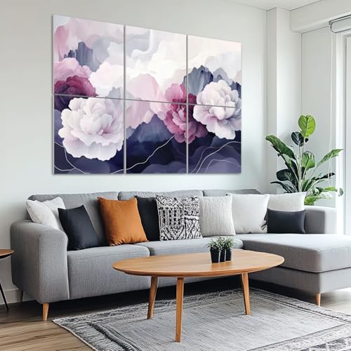 Paneles acústicos artísticos 6 piezas rosa polvo con peonías, montañas y ondas suaves, paneles de pared decorativos autoadhesivos para estudio y oficina 72"x48" miniatura 6