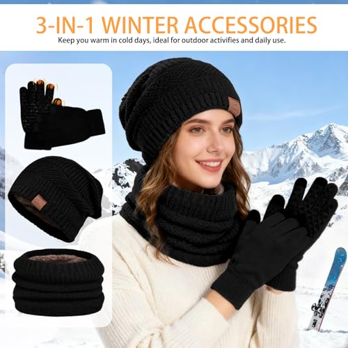Tbintul Wintermütze, Schal und Touchscreen Handschuhe Set für Herren Damen, Fleecefutter Warme Knit Hut Loop Schal Rutschfeste Handschuhe, Elastische Mütze, für Herren & Damen (Schwarz)